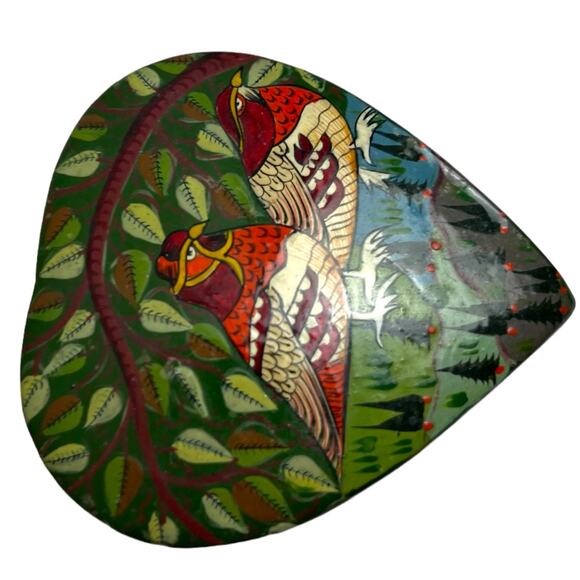 Vintage India paper Mâché trinket heart shape box Bird Tree hand painted signed - Picture 9 of 15